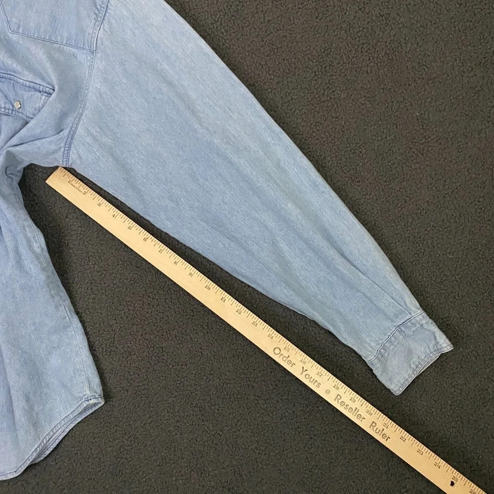 Levis Denim Western Shirt Mens Large Pearl Snap Diamond Label Blue Jean Vintage